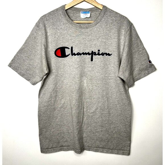 Champion Mens T Shirt Short Sleeve Vintage Tee Felt Logo Gray Size Large - Picture 1 of 8